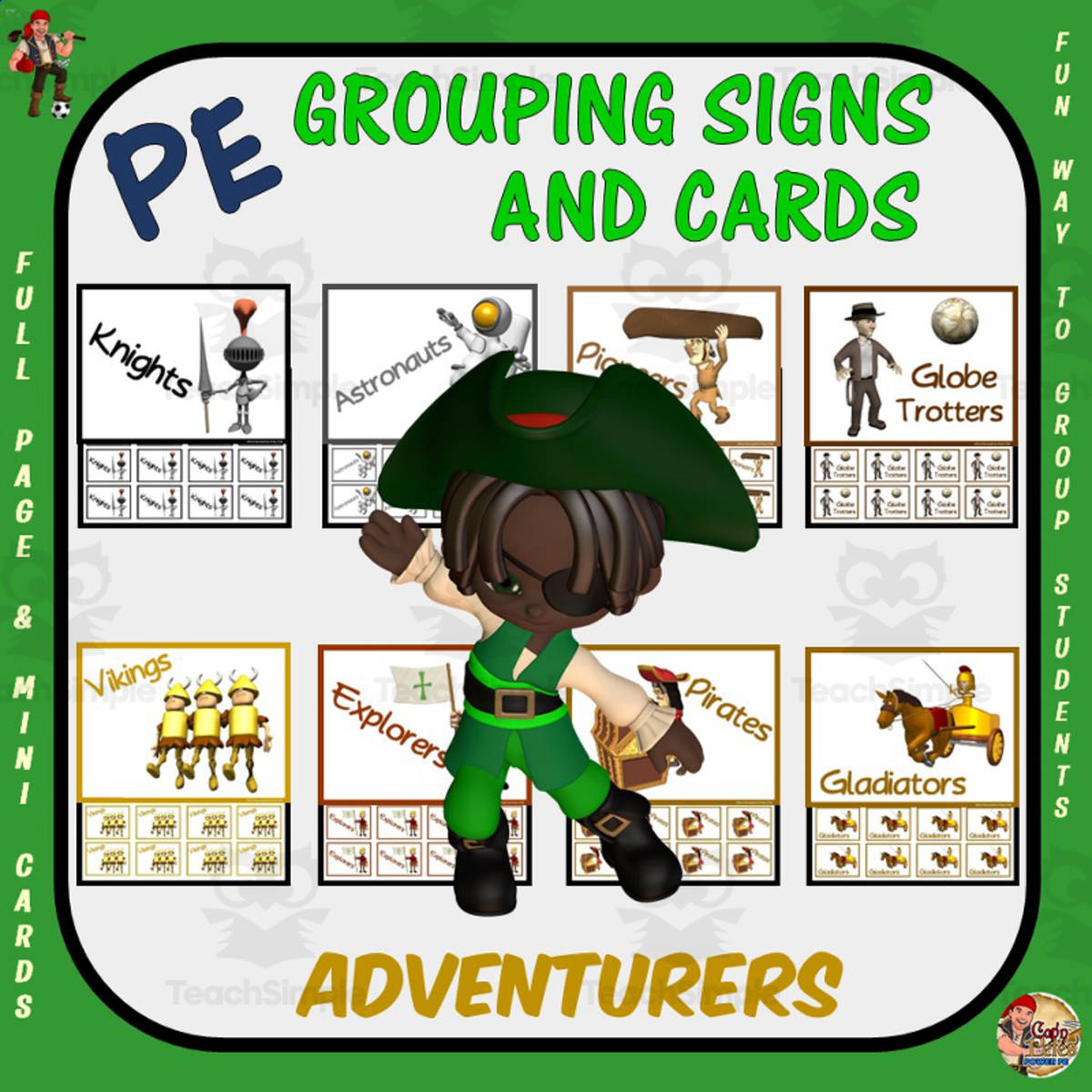 An educational teaching resource from Cap'n Pete's Power PE entitled PE Grouping Signs + Cards: Adventurers Theme downloadable at Teach Simple.