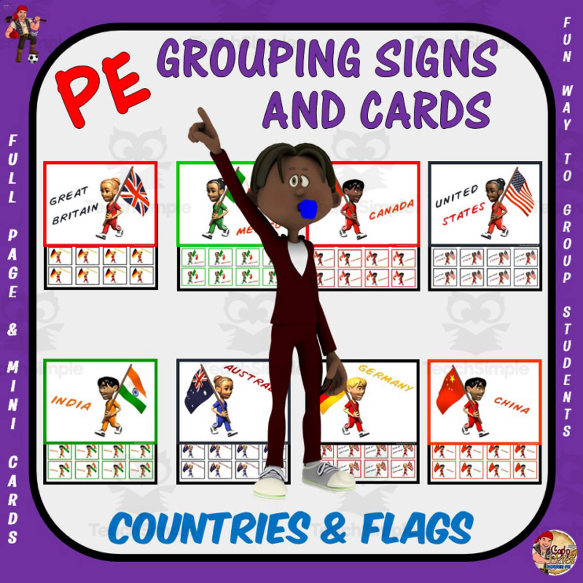 An educational teaching resource from Cap'n Pete's Power PE entitled PE Grouping Signs + Cards: Countries and Flags Theme downloadable at Teach Simple.