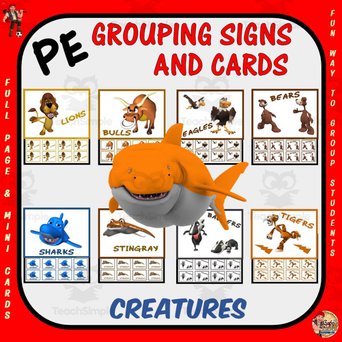 An educational teaching resource from Cap'n Pete's Power PE entitled PE Grouping Signs + Cards: Creatures Theme downloadable at Teach Simple.