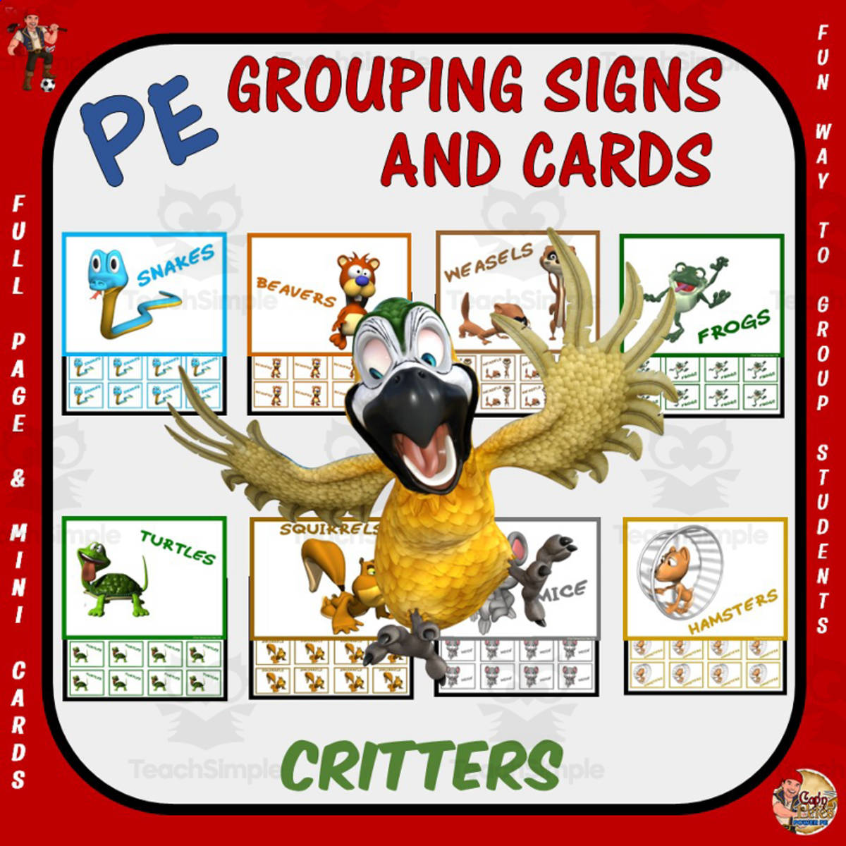An educational teaching resource from Cap'n Pete's Power PE entitled PE Grouping Signs + Cards: Critters Theme downloadable at Teach Simple.