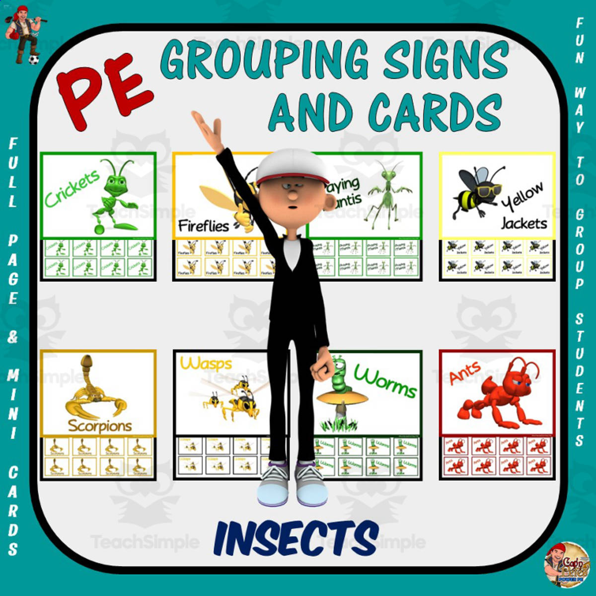 An educational teaching resource from Cap'n Pete's Power PE entitled PE Grouping Signs + Cards: Insects Theme downloadable at Teach Simple.