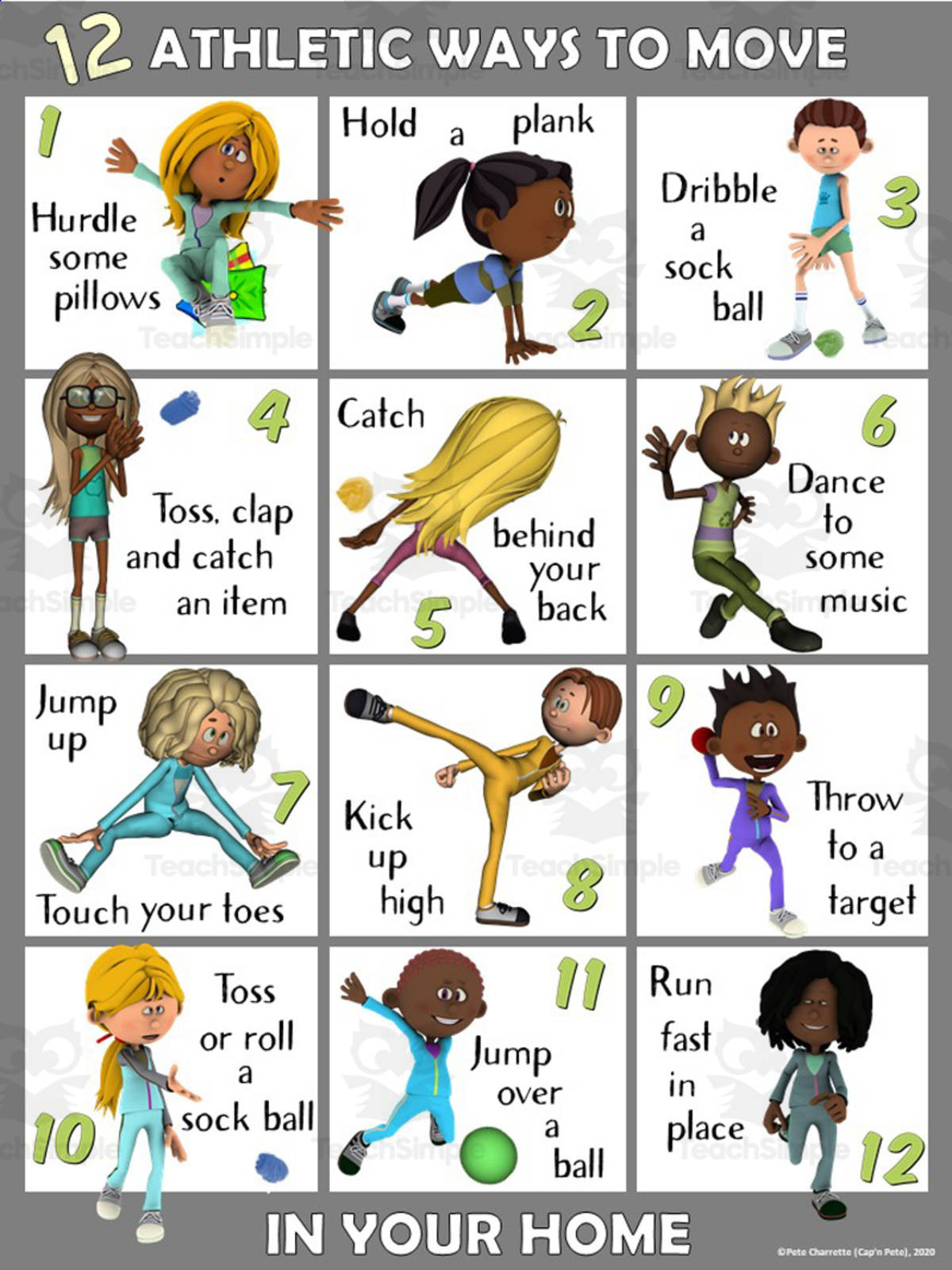 An educational teaching resource from Cap'n Pete's Power PE entitled PE Home Poster Visuals: 12 Athletic Ways to Move downloadable at Teach Simple.
