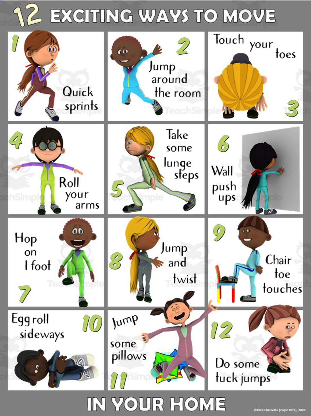 An educational teaching resource from Cap'n Pete's Power PE entitled PE Home Poster Visuals: 12 Exciting Ways to Move downloadable at Teach Simple.