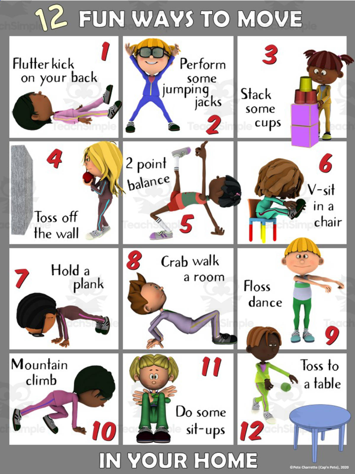An educational teaching resource from Cap'n Pete's Power PE entitled PE Home Poster Visuals: 12 Fun Ways to Move downloadable at Teach Simple.