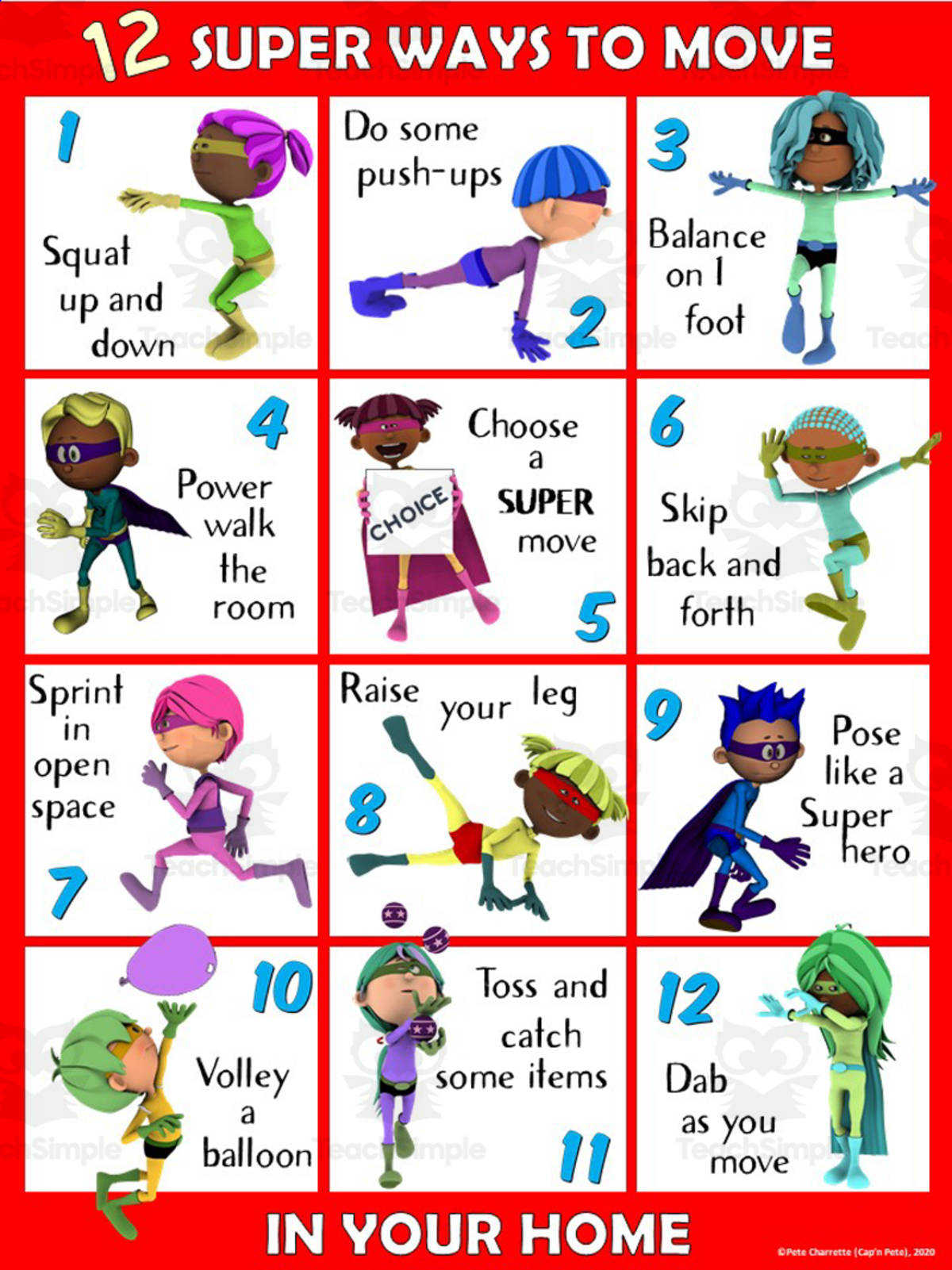 An educational teaching resource from Cap'n Pete's Power PE entitled PE Home Poster Visuals: 12 Super Ways to Move downloadable at Teach Simple.