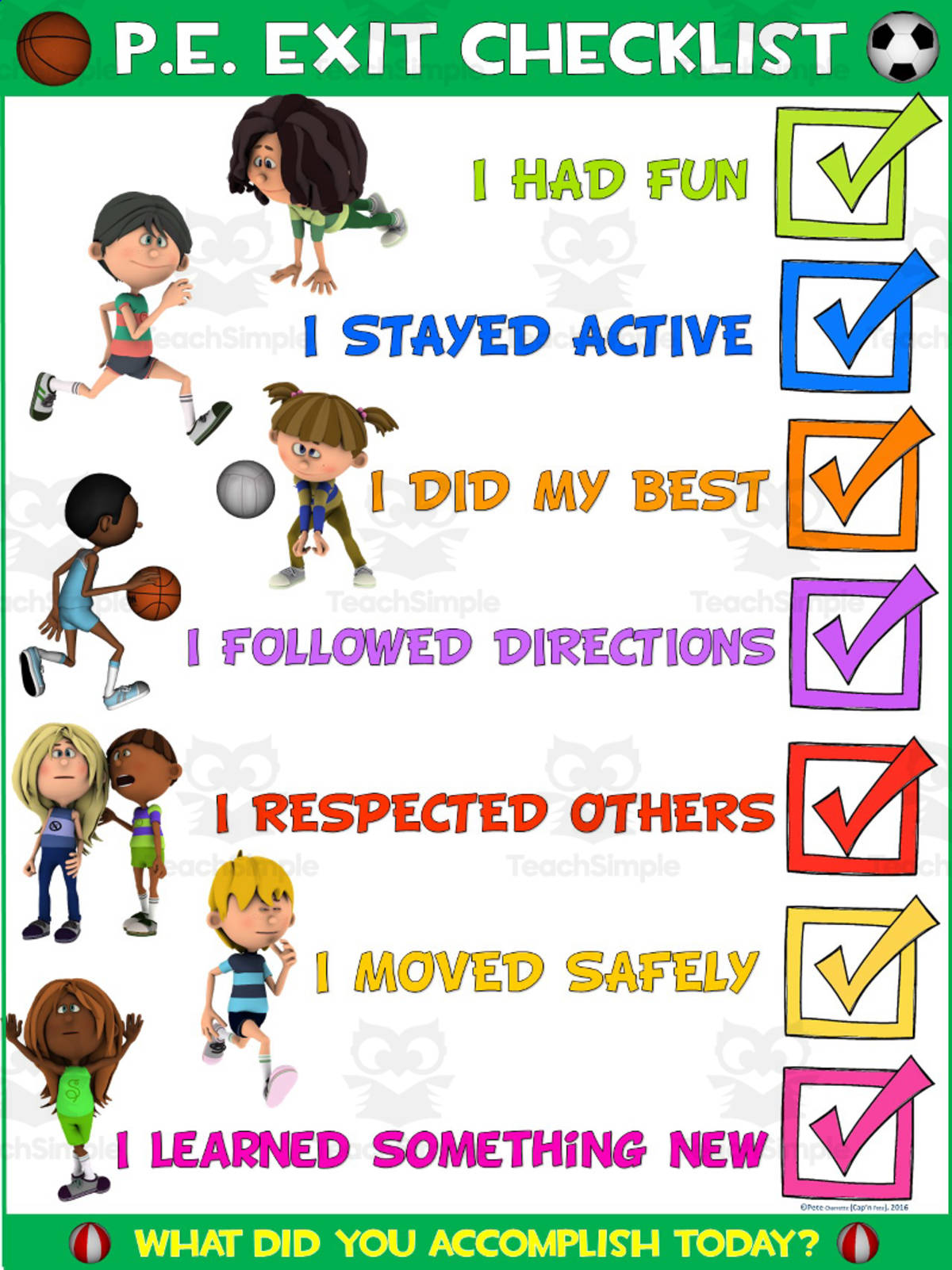 An educational teaching resource from Cap'n Pete's Power PE entitled PE Poster Visuals: Exit Checklist downloadable at Teach Simple.