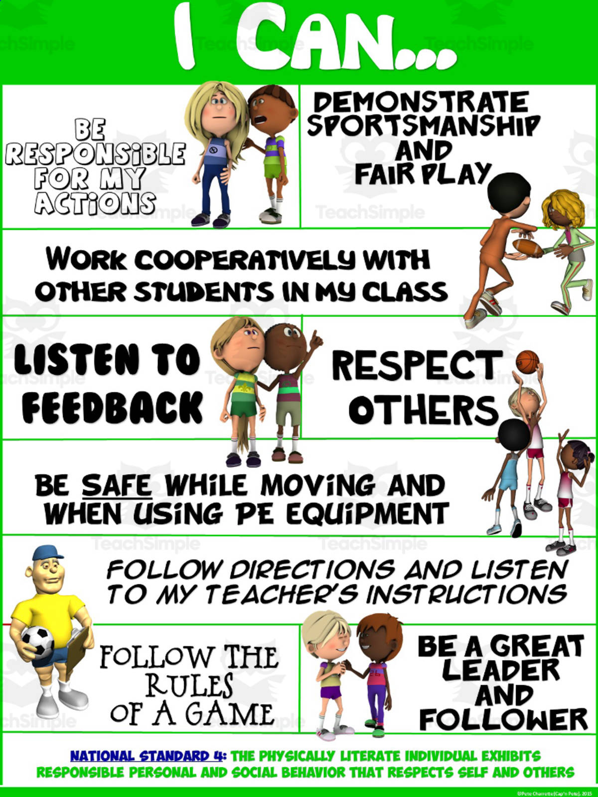 An educational teaching resource from Cap'n Pete's Power PE entitled PE Poster Visuals: I Can Statements Set 4 downloadable at Teach Simple.
