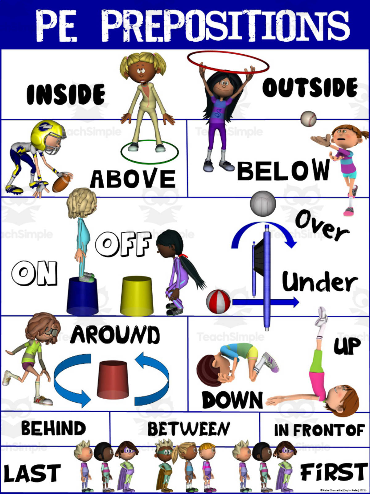 An educational teaching resource from Cap'n Pete's Power PE entitled PE Poster Visuals: PE Prepositions downloadable at Teach Simple.