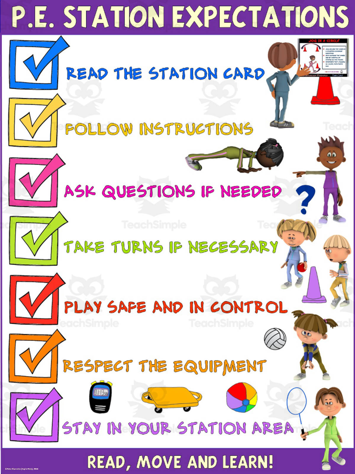 An educational teaching resource from Cap'n Pete's Power PE entitled PE Poster Visuals: P.E. Station Expectations downloadable at Teach Simple.
