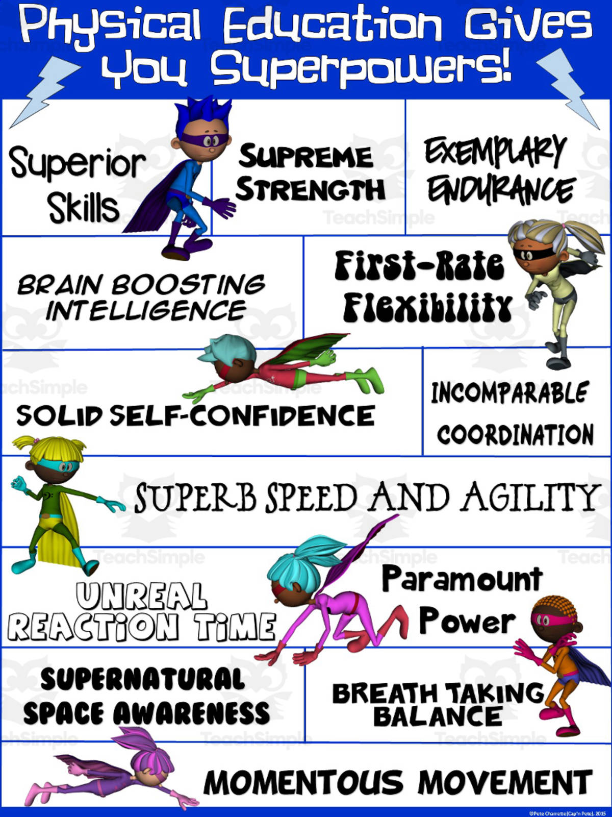 An educational teaching resource from Cap'n Pete's Power PE entitled PE Poster Visuals: Physical Education Super Powers downloadable at Teach Simple.