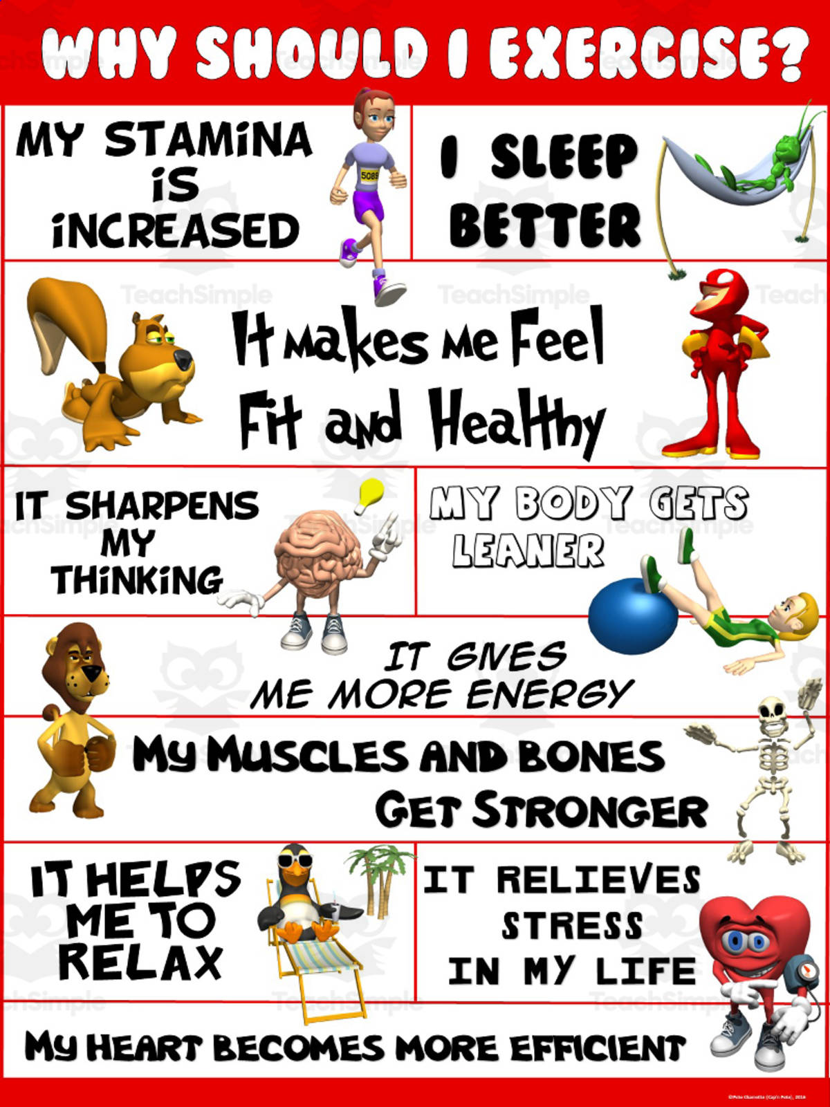 An educational teaching resource from Cap'n Pete's Power PE entitled PE Poster Visuals: Why Should I Exercise? downloadable at Teach Simple.