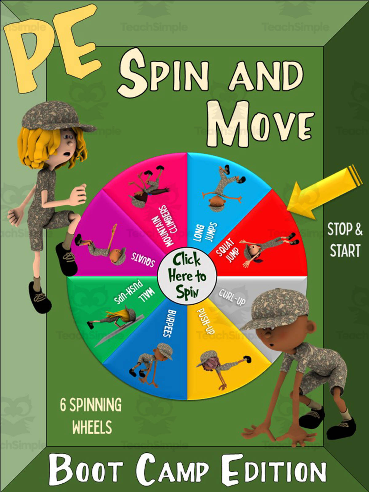 An educational teaching resource from Cap'n Pete's Power PE entitled PE Spin and Move: Boot Camp Edition downloadable at Teach Simple.