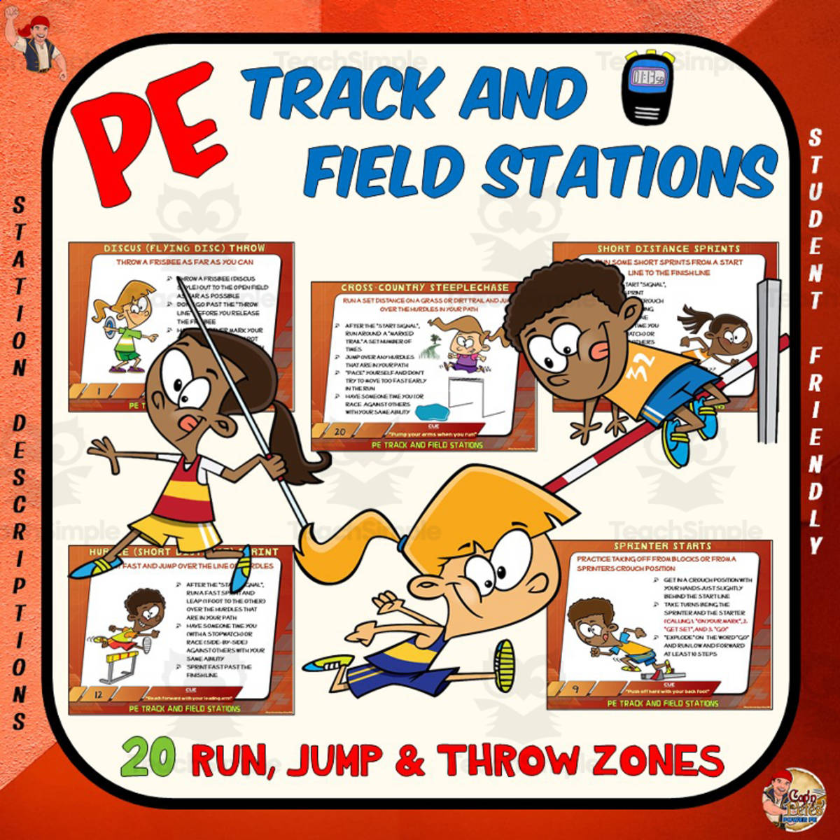 An educational teaching resource from Cap'n Pete's Power PE entitled PE Track + Field Stations downloadable at Teach Simple.