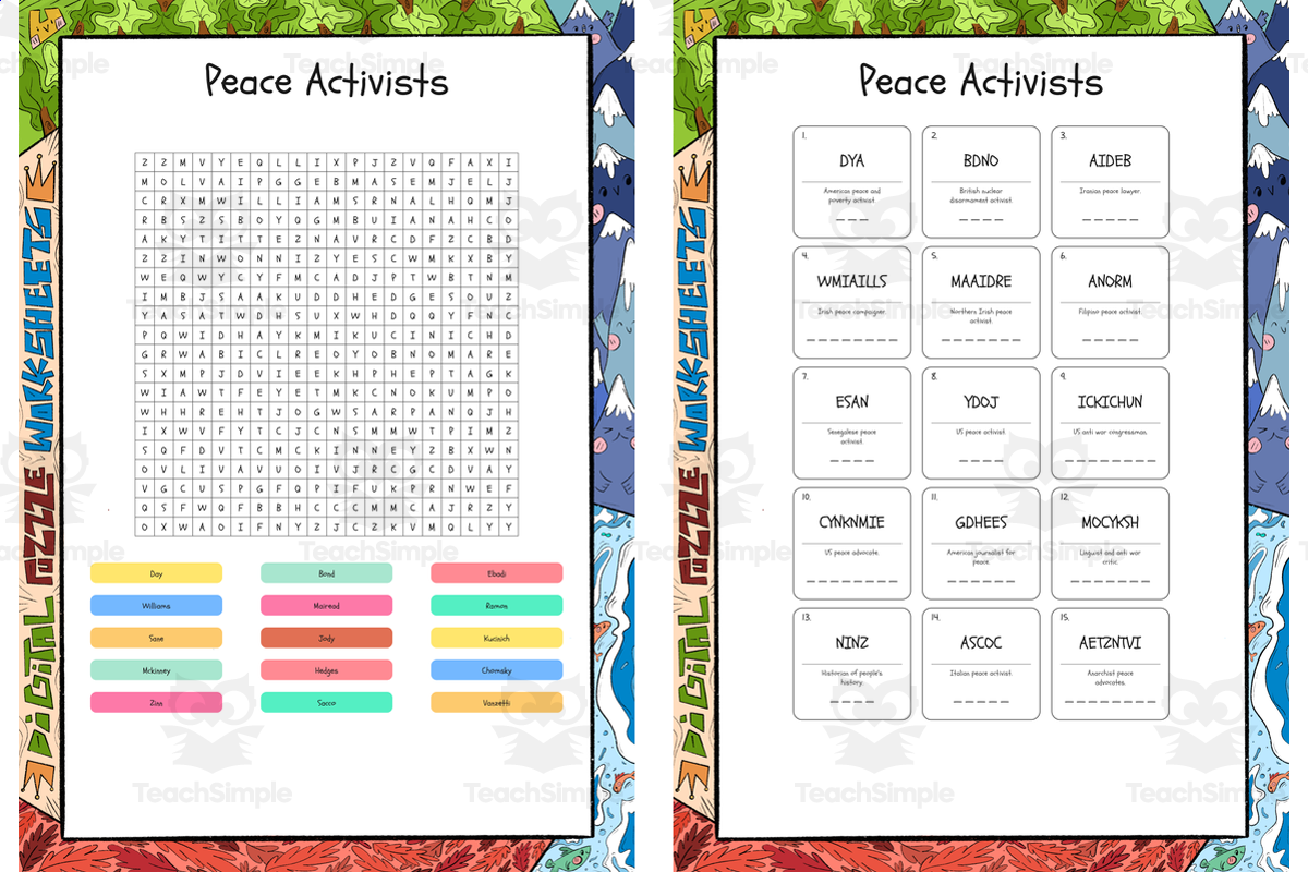 An educational teaching resource from Lapiiin Art Activities entitled Peace Activists word search, scramble and crossword puzzle downloadable at Teach Simple.