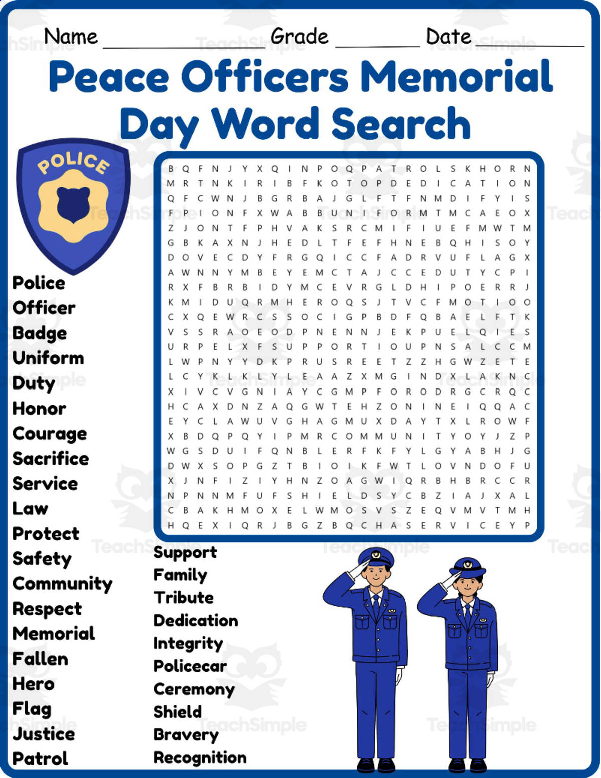 An educational teaching resource from Classsimple entitled Peace Officers Memorial Day Word Search 2nd 3rd 4th 5th Grade downloadable at Teach Simple.