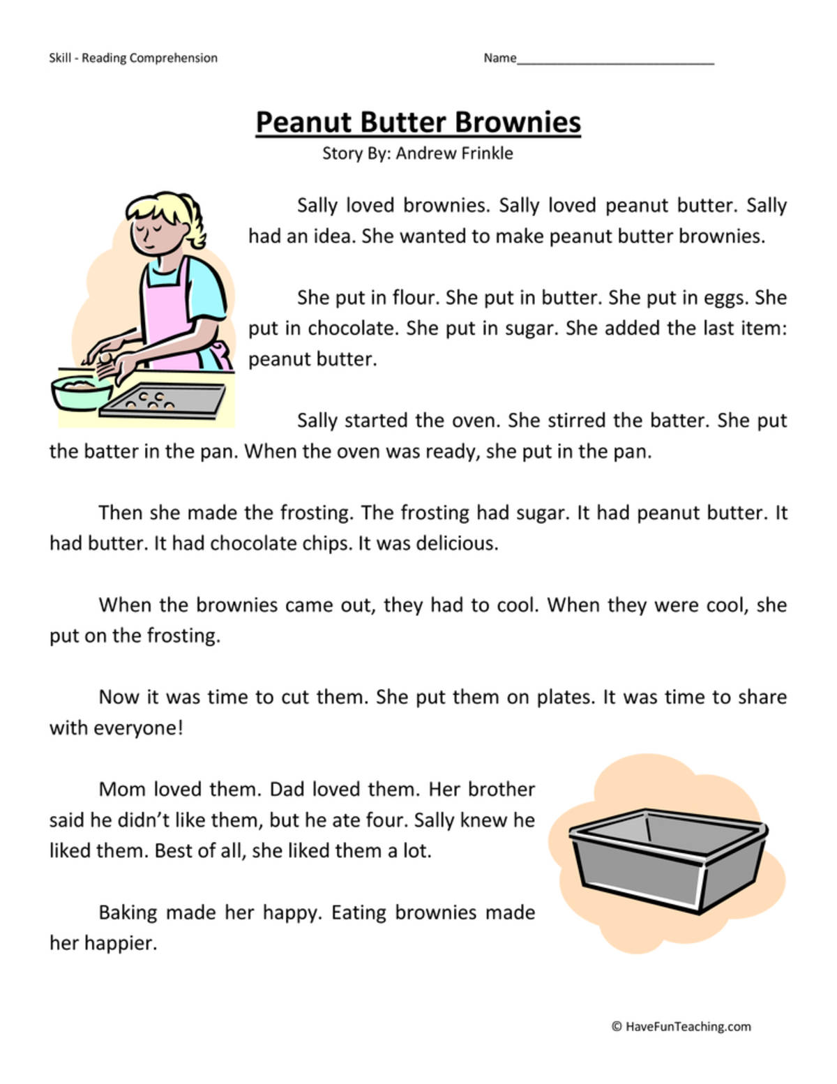 An educational teaching resource from Have Fun Teaching entitled Peanut Butter Brownies Reading Comprehension Worksheet downloadable at Teach Simple.