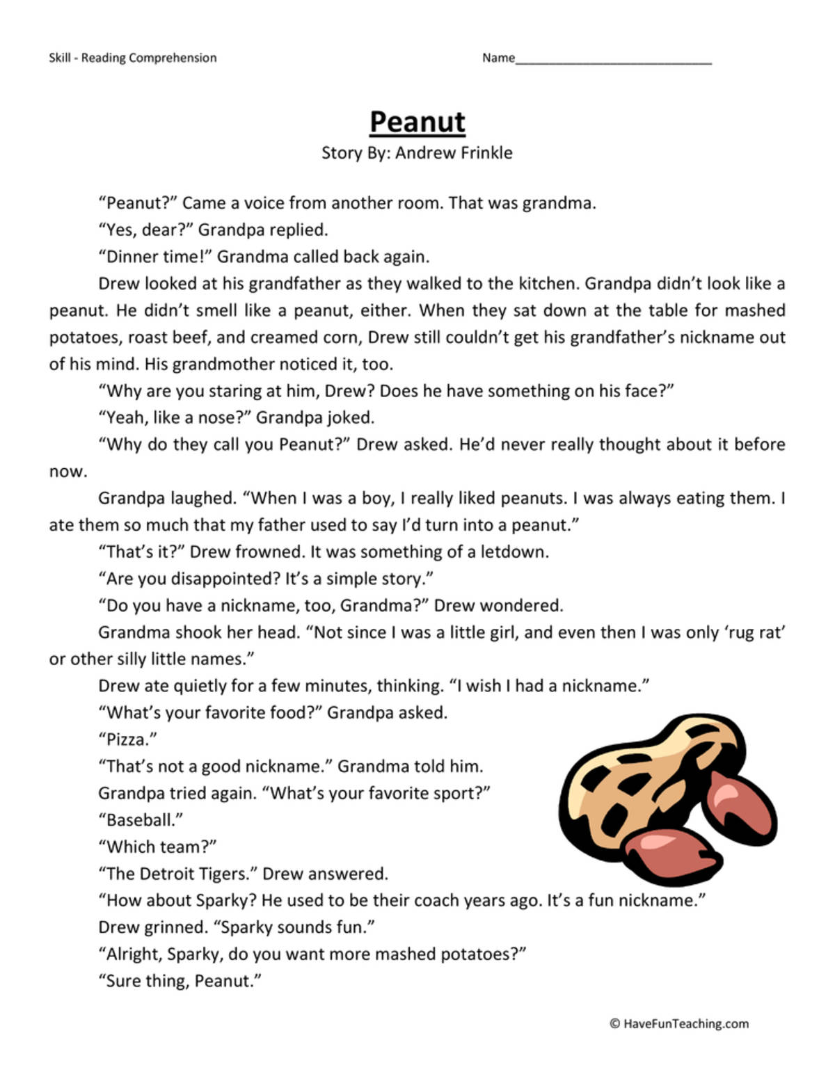 An educational teaching resource from Have Fun Teaching entitled Peanut Reading Comprehension Worksheet downloadable at Teach Simple.