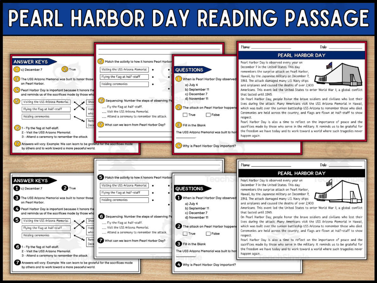An educational teaching resource from Wonderland School entitled Pearl Harbor Reading Comprehension Passage and Questions downloadable at Teach Simple.