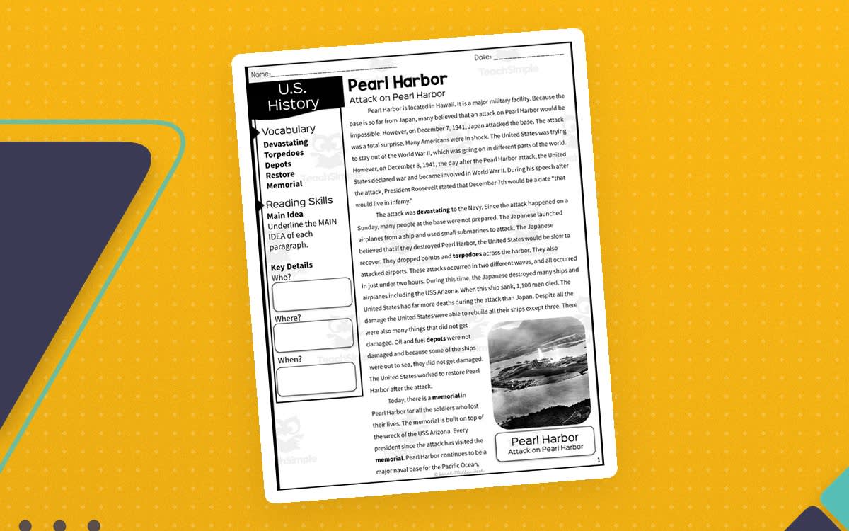 An educational teaching resource from Sarah Miller Tech entitled Pearl Harbor Reading Packet downloadable at Teach Simple.
