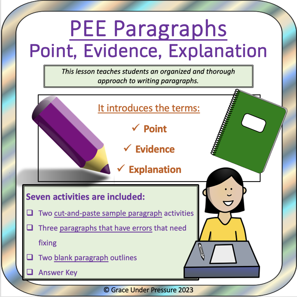 An educational teaching resource from Grace Under Pressure entitled PEE Paragraphs – Point, Evidence, Explanation Format downloadable at Teach Simple.