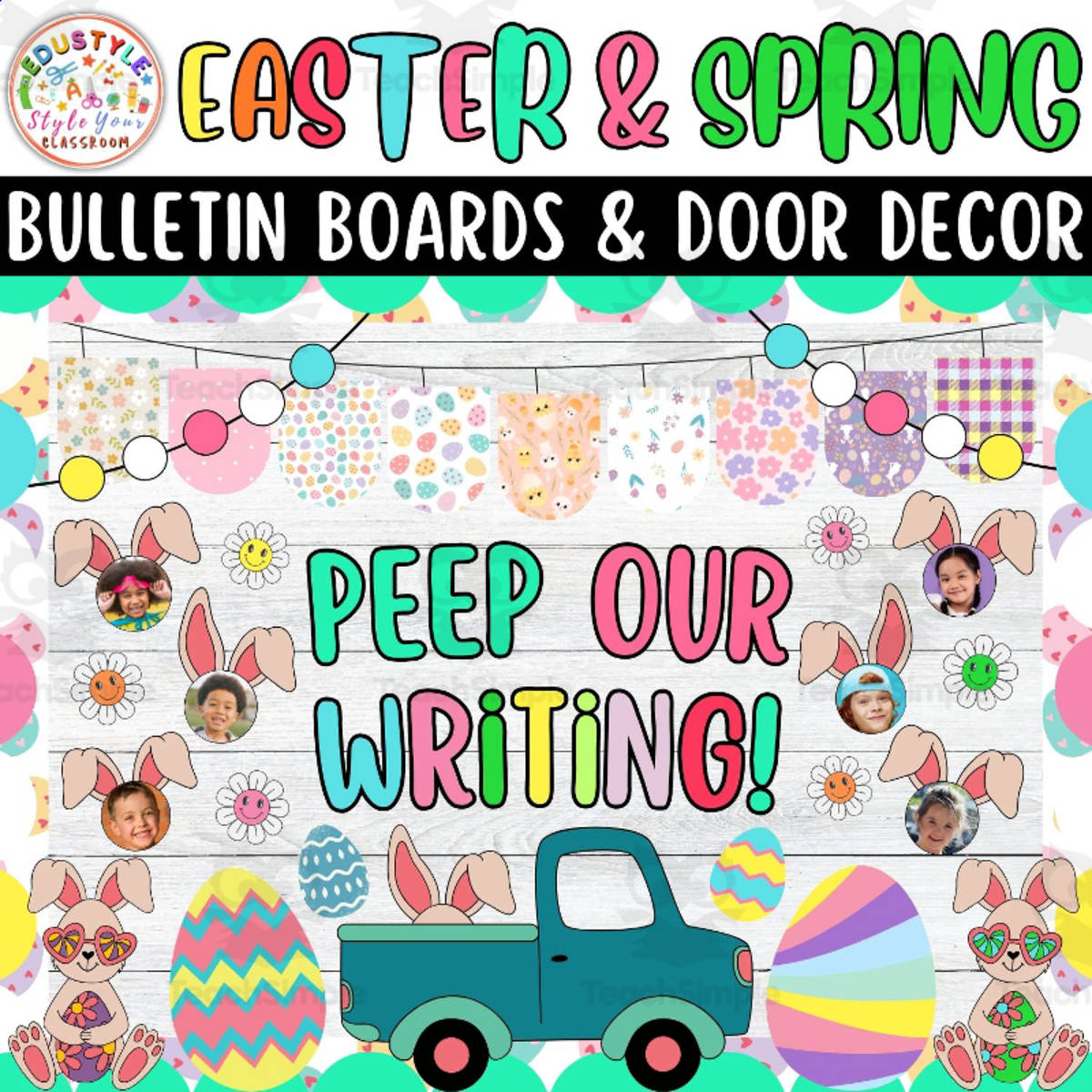 An educational teaching resource from Style Your Classroom entitled Peep our math skills! Spring & Easter Bulletin Boards & Door Decor Kit downloadable at Teach Simple.