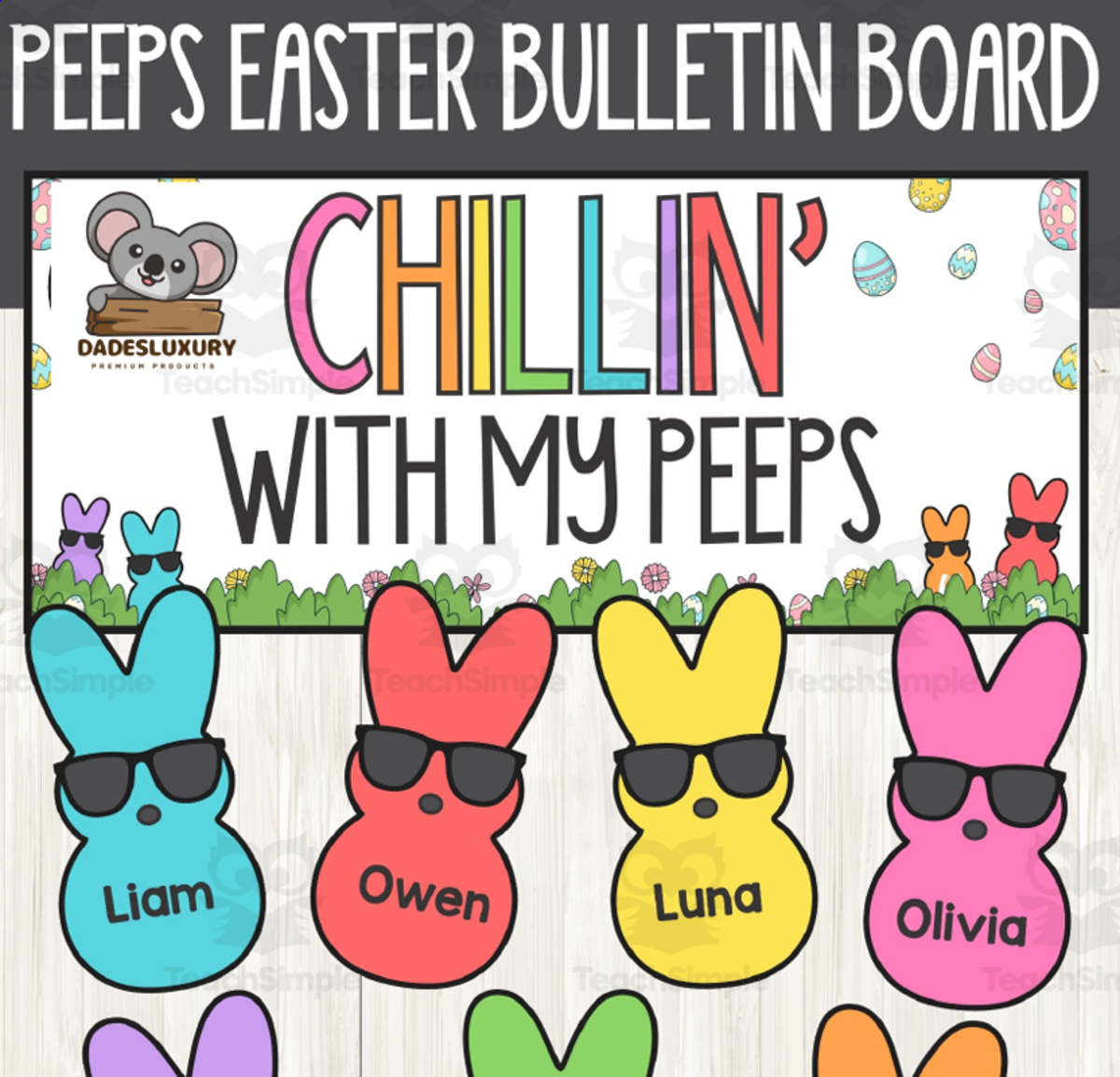 An educational teaching resource from BrightPrintsNY entitled Peeps Easter Bulletin Board Kit – Spring Classroom Decor, Easter Door downloadable at Teach Simple.