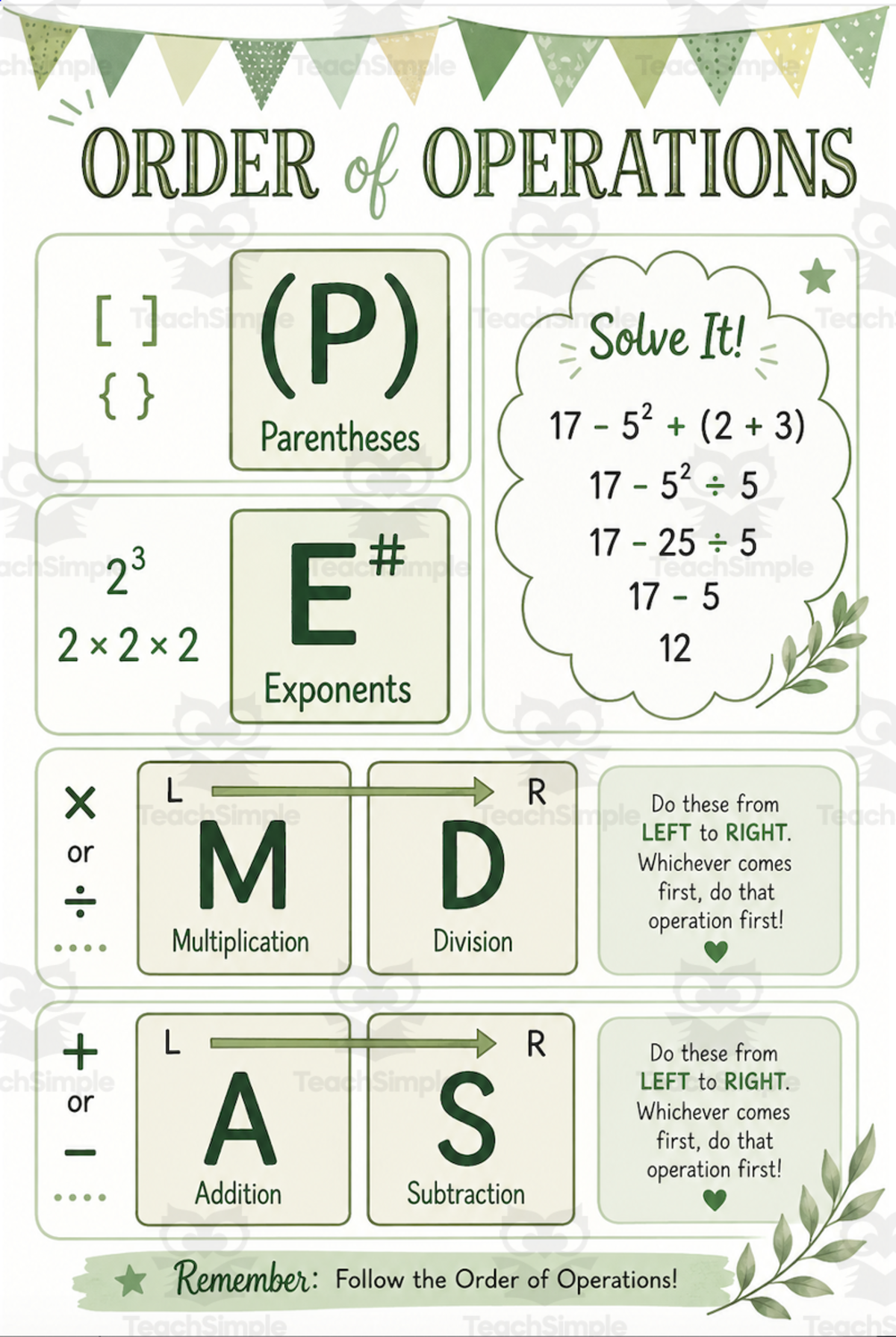 An educational teaching resource from Tpete's Supply Store entitled PEMDAS Order of Operations Work Packet + 5 additional Review pages! downloadable at Teach Simple.