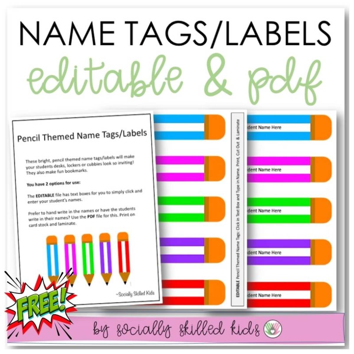 An educational teaching resource from Socially Skilled Kids entitled Pencil Themed Name Tags downloadable at Teach Simple.