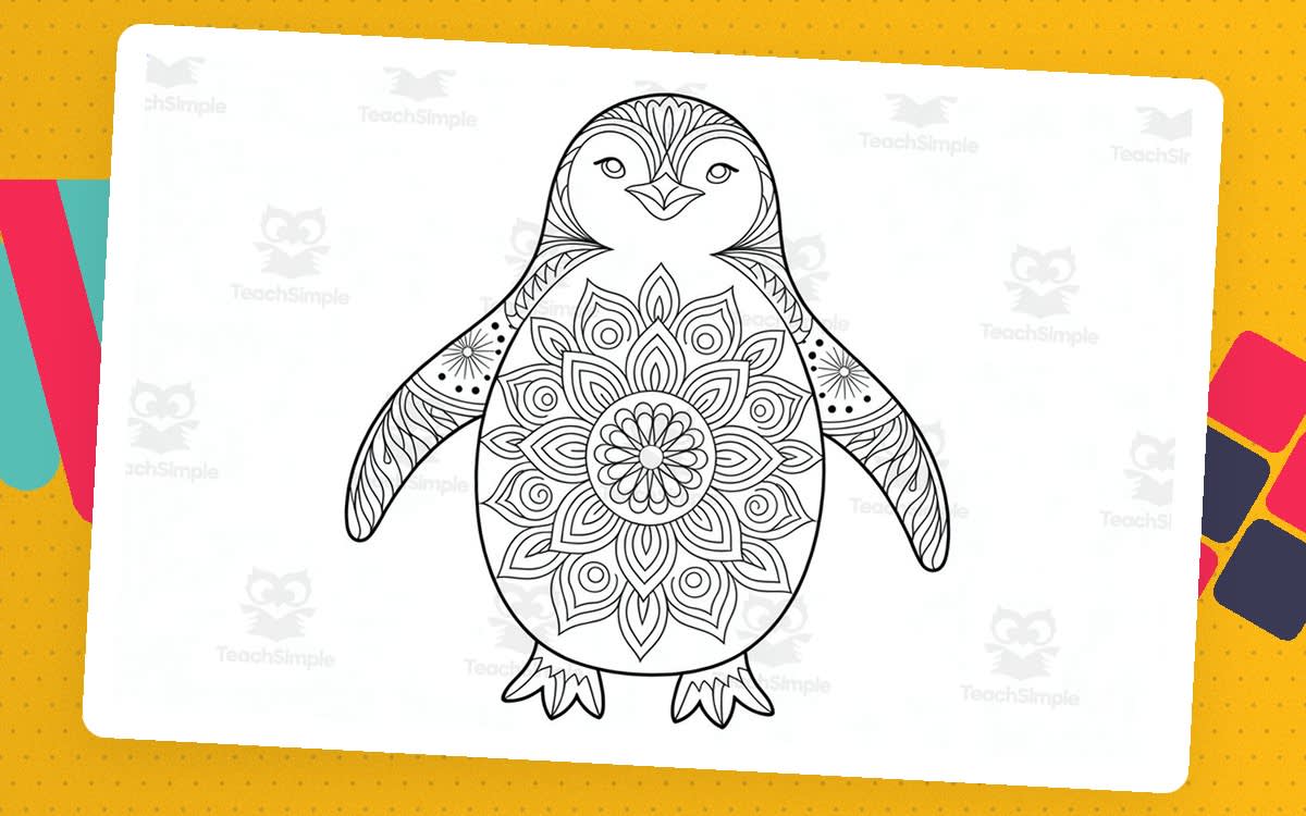 An educational teaching resource from Classsim entitled Penguin Mandala Coloring Page Worksheet activity downloadable at Teach Simple.