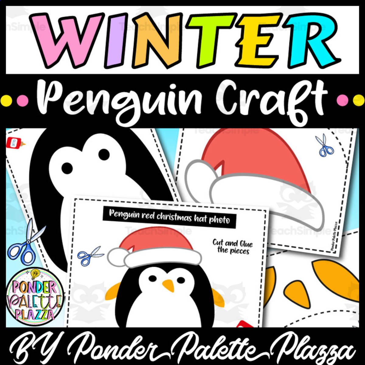 An educational teaching resource from Ponder Palette Plazza entitled Penguin with Red Christmas Hat Craft - Winter Craft downloadable at Teach Simple.