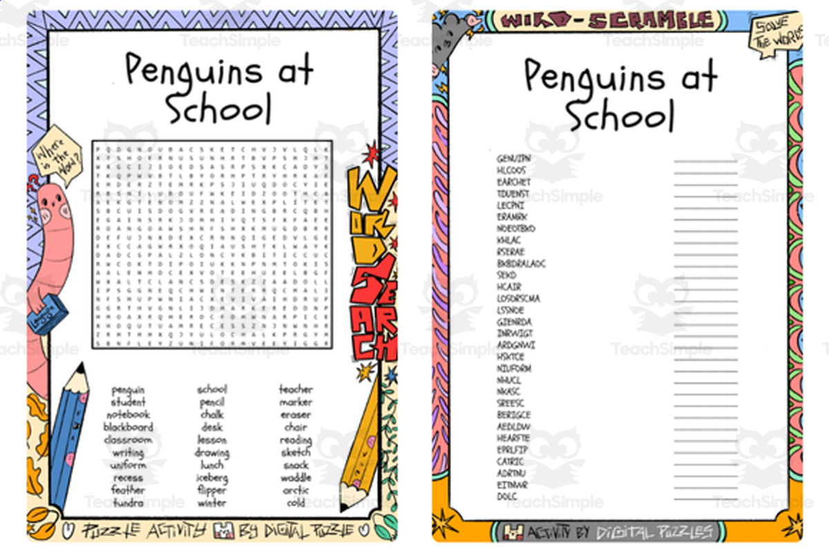An educational teaching resource from Lapiiin Art Activities entitled Penguins at School word search & scramble downloadable at Teach Simple.