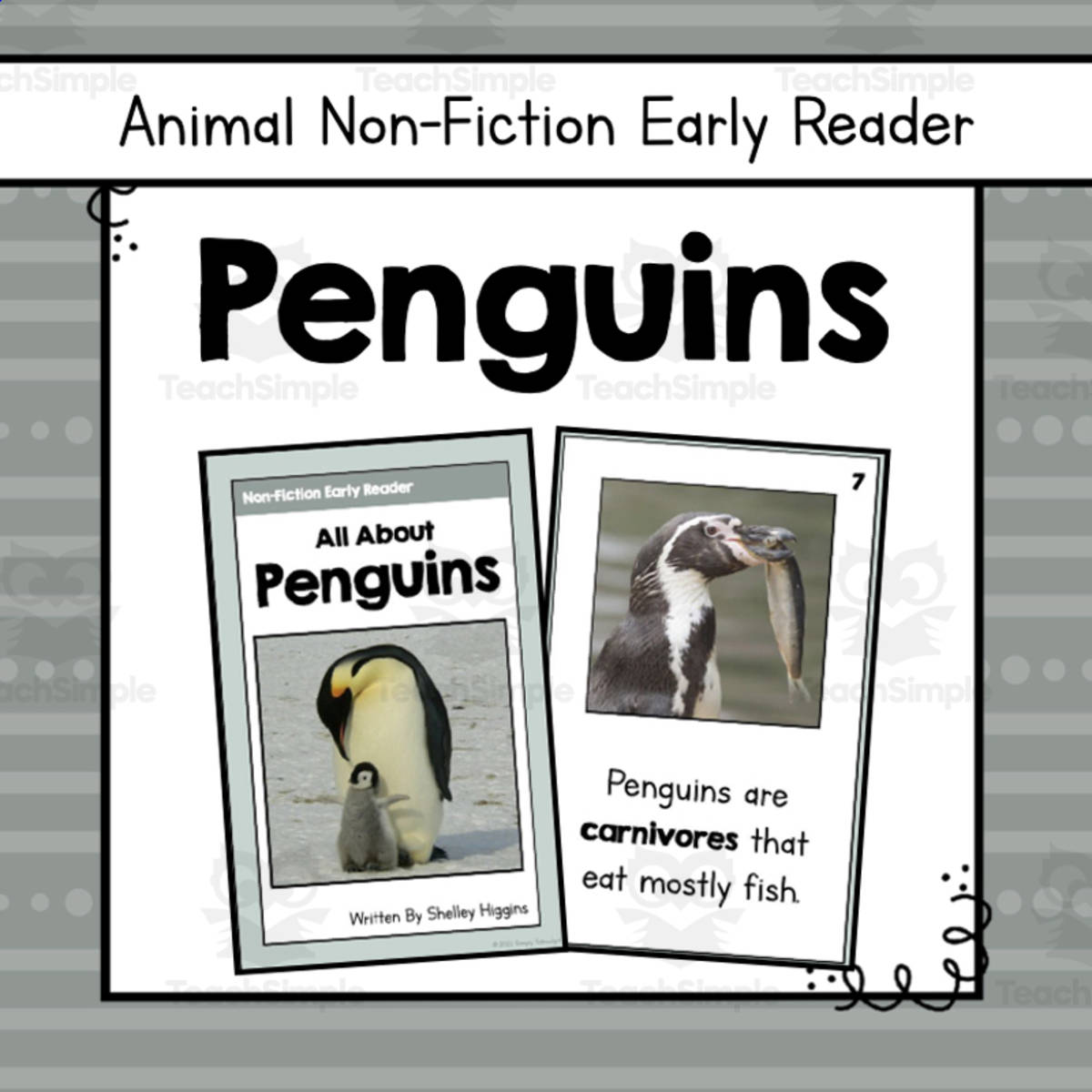 An educational teaching resource from Simply Schoolgirl entitled Penguins Early Reader Nonfiction Book downloadable at Teach Simple.