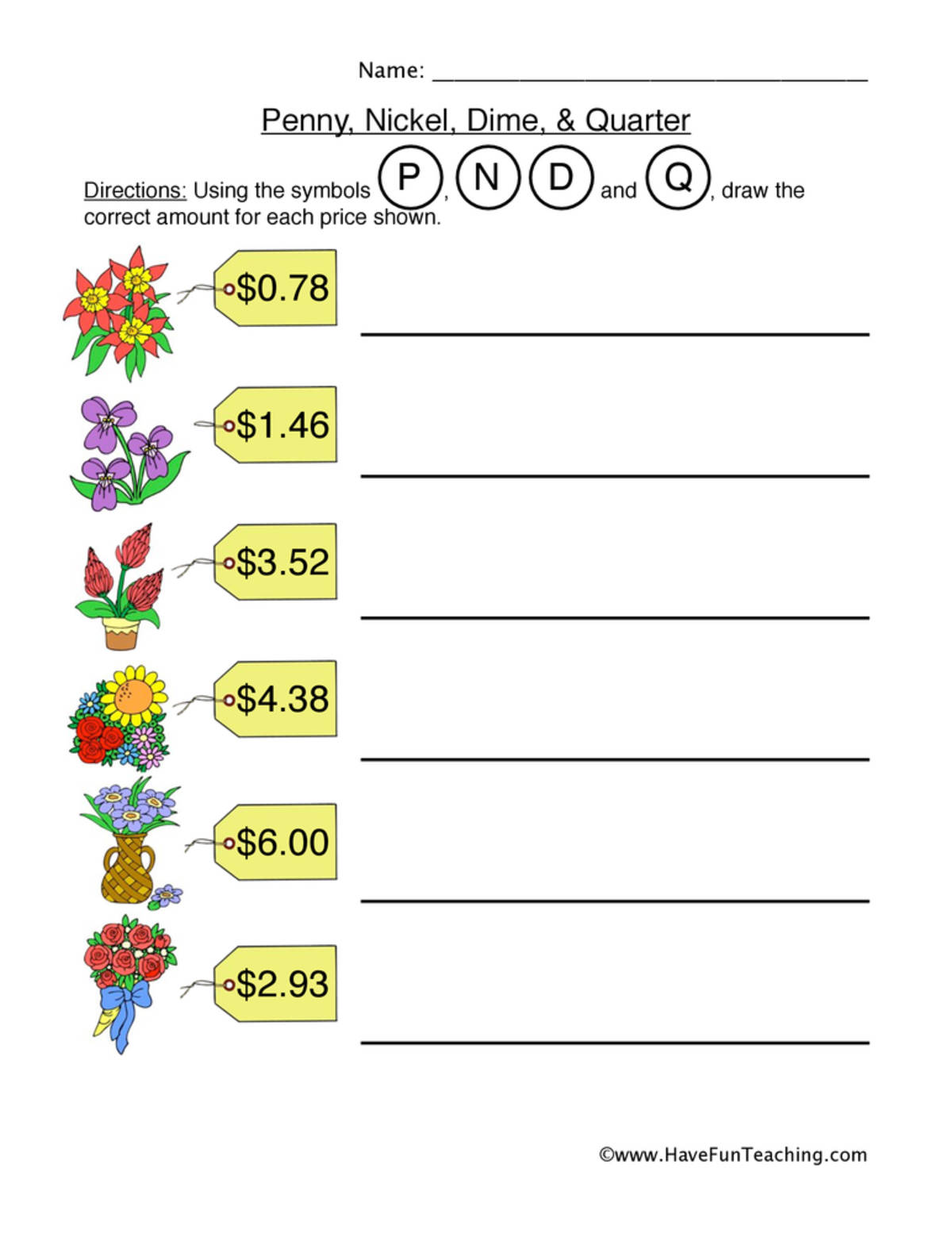 An educational teaching resource from Have Fun Teaching entitled Penny Nickel Dime Quarter Worksheet downloadable at Teach Simple.