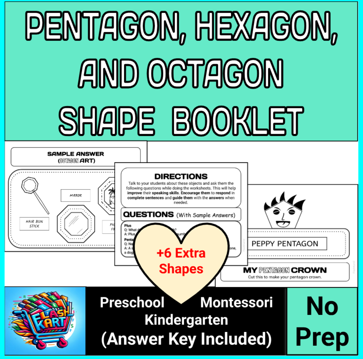 An educational teaching resource from FlashKart entitled Pentagon, Hexagon, and Octagon Tracing & Coloring For Kindergarten downloadable at Teach Simple.