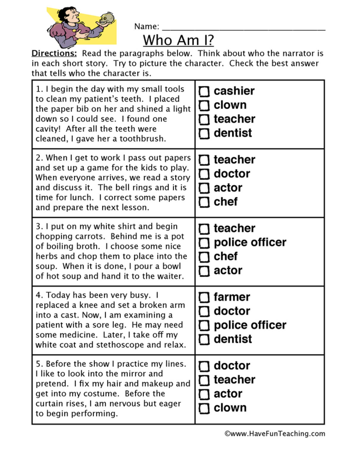 An educational teaching resource from Have Fun Teaching entitled People Inferences Worksheet downloadable at Teach Simple.