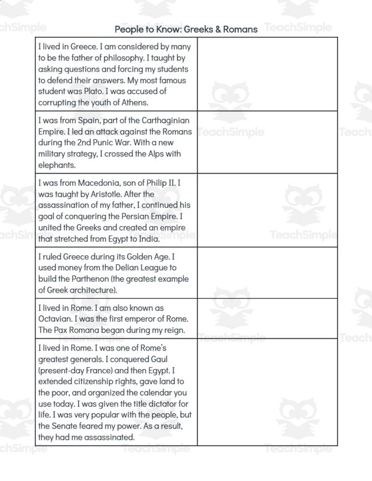 An educational teaching resource from History with DeLong entitled People to Know - World History I Matching Sets downloadable at Teach Simple.