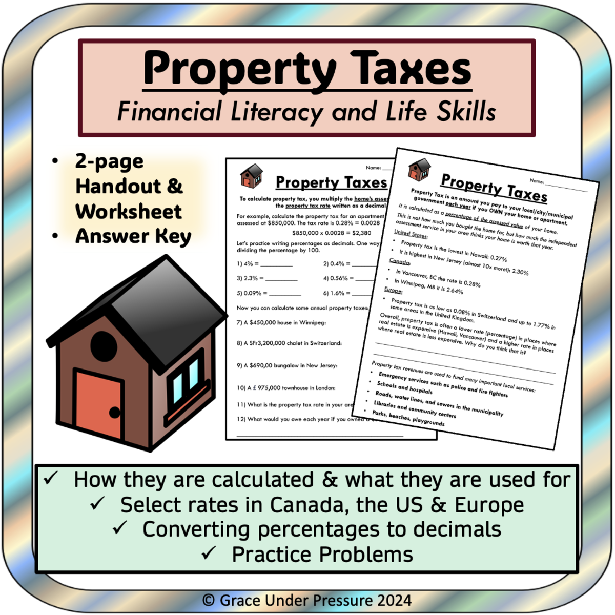 An educational teaching resource from Grace Under Pressure entitled Percent and Decimal Word Problems: Property Taxes Life Skills downloadable at Teach Simple.