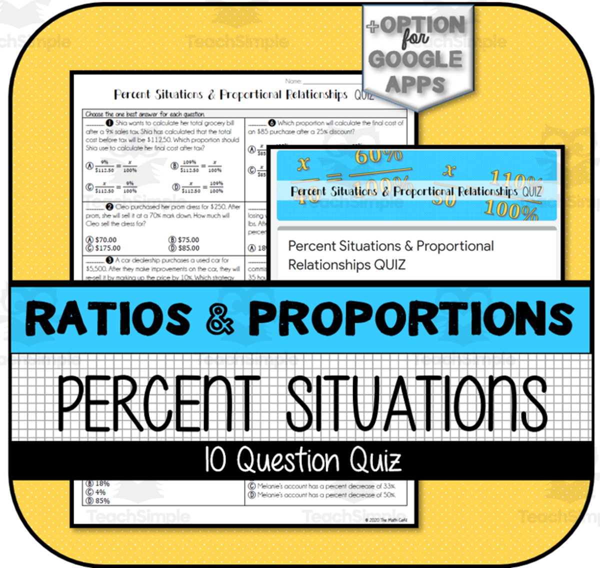 An educational teaching resource from The Math Cafe entitled Percent Applications & Proportional Relationships QUIZ downloadable at Teach Simple.