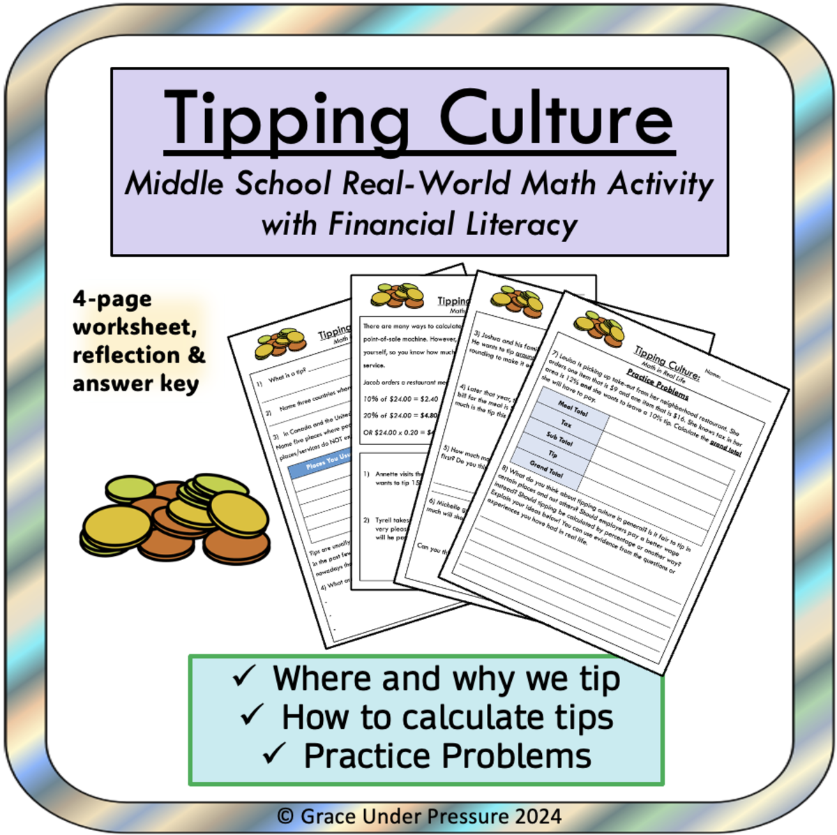An educational teaching resource from Grace Under Pressure entitled Percent Word Problems – Tipping & Gratuities Math downloadable at Teach Simple.