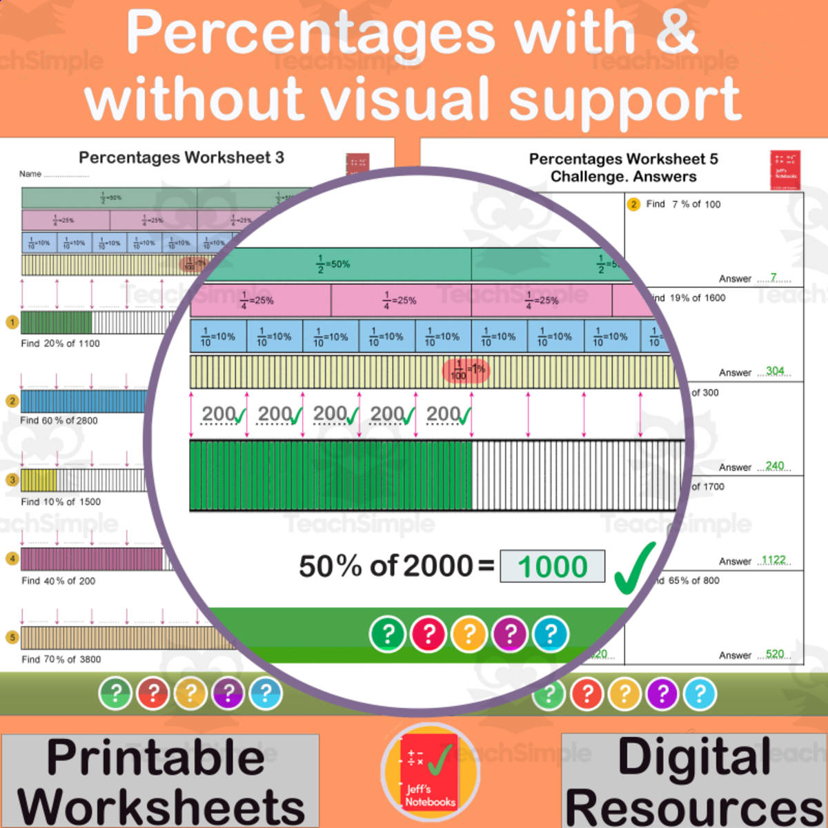 An educational teaching resource from Jeff's Notebooks entitled Percentages of quantities with and without visual support - 6th Grade downloadable at Teach Simple.