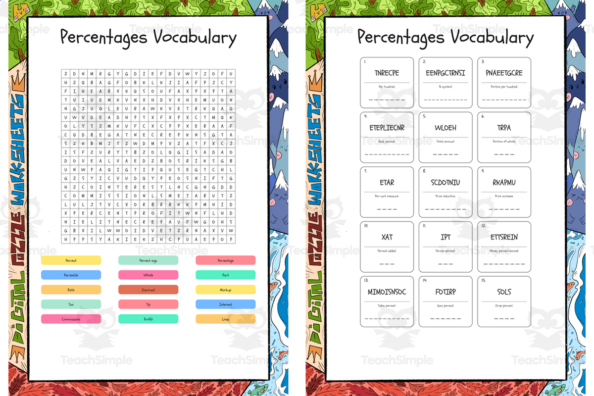 An educational teaching resource from Lapiiin Art Activities entitled Percentages Vocabulary word search, scramble and crossword puzzle downloadable at Teach Simple.