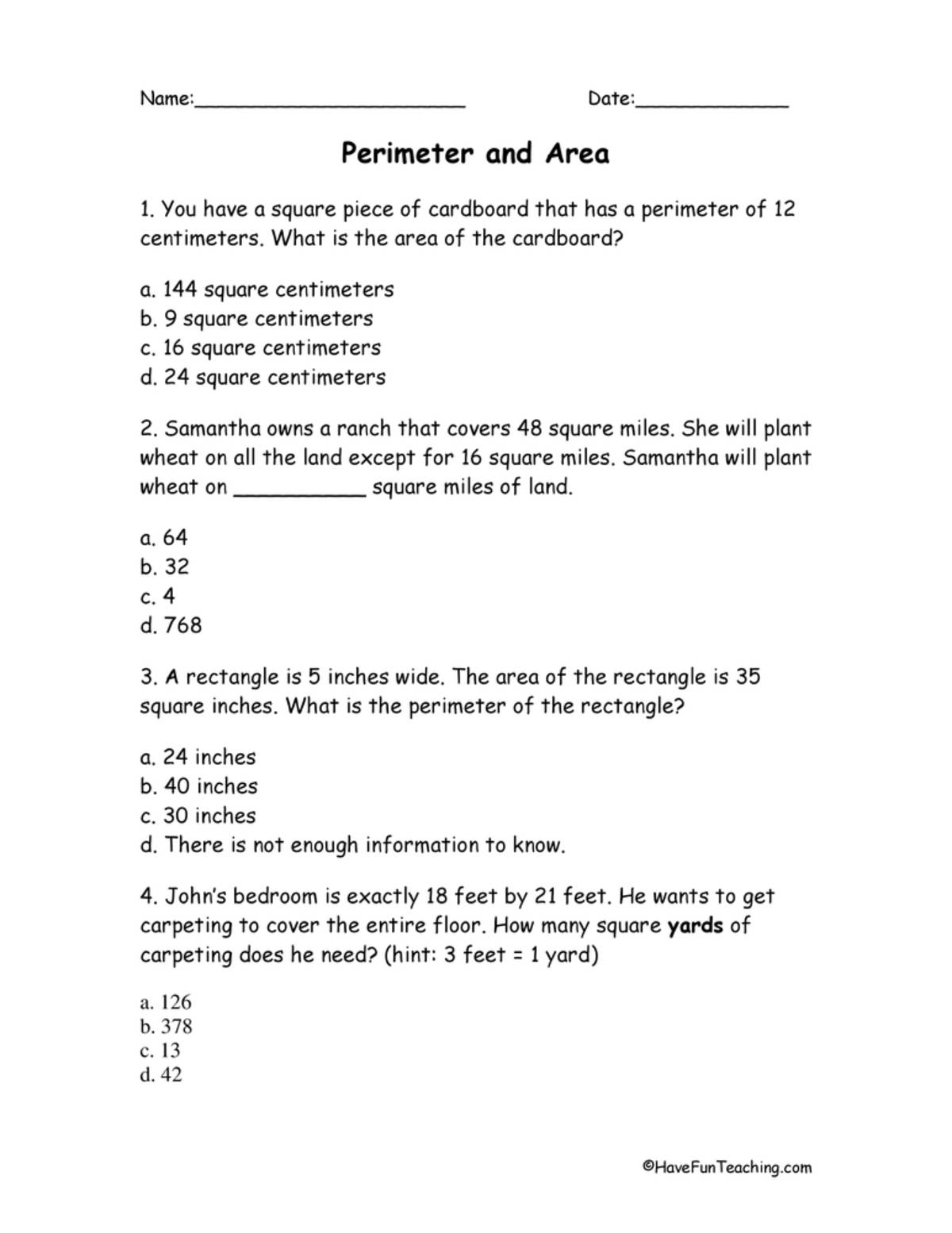 An educational teaching resource from Have Fun Teaching entitled Perimeter and Area Worksheet downloadable at Teach Simple.