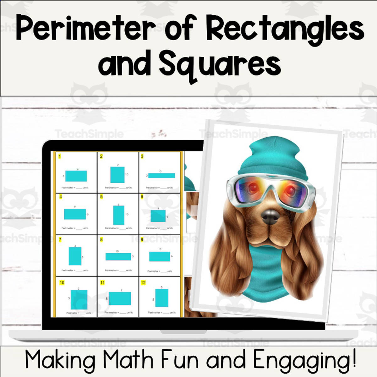 An educational teaching resource from Digitally Yours Shop entitled Perimeter of Rectangles & Squares Digital Self-Checking Maht Activity downloadable at Teach Simple.