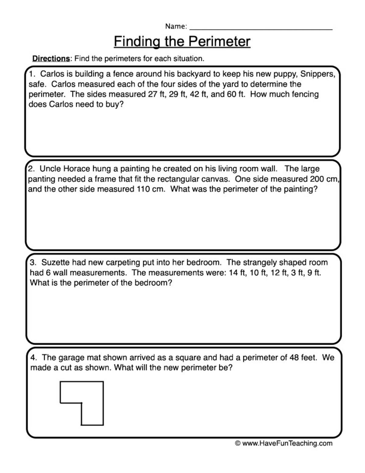 An educational teaching resource from Have Fun Teaching entitled Perimeter Word Problems Worksheet downloadable at Teach Simple.