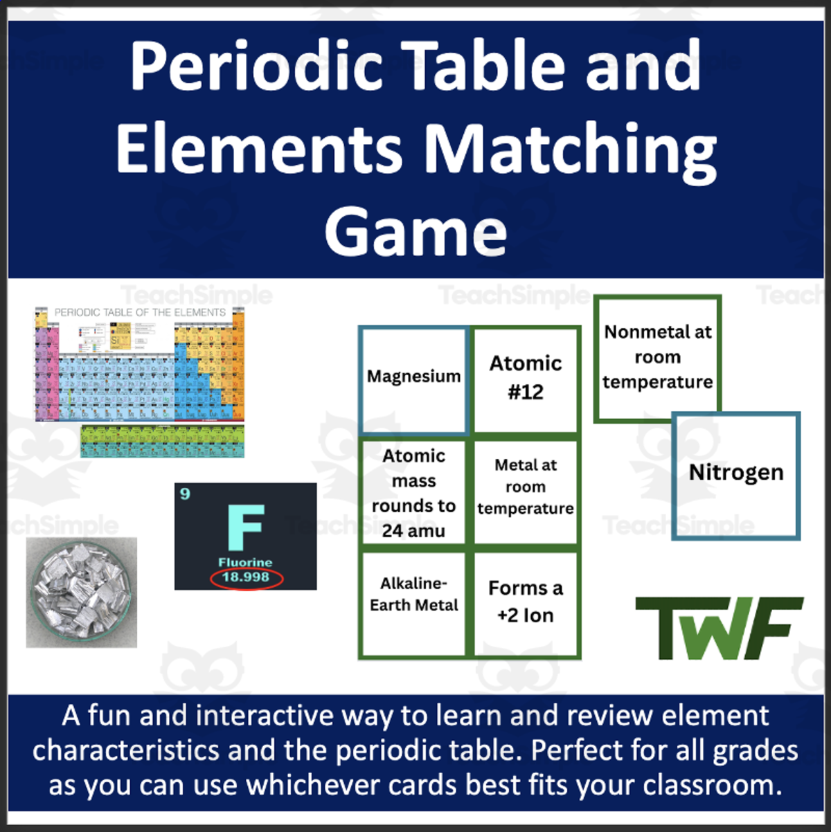 An educational teaching resource from Teach With Fergy entitled Periodic Table and Elements Card Matching Game - Middle & High School downloadable at Teach Simple.