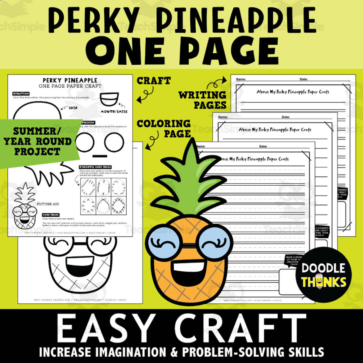 An educational teaching resource from Doodle Thinks entitled Perky Pineapple One Page Paper Craft Activities downloadable at Teach Simple.