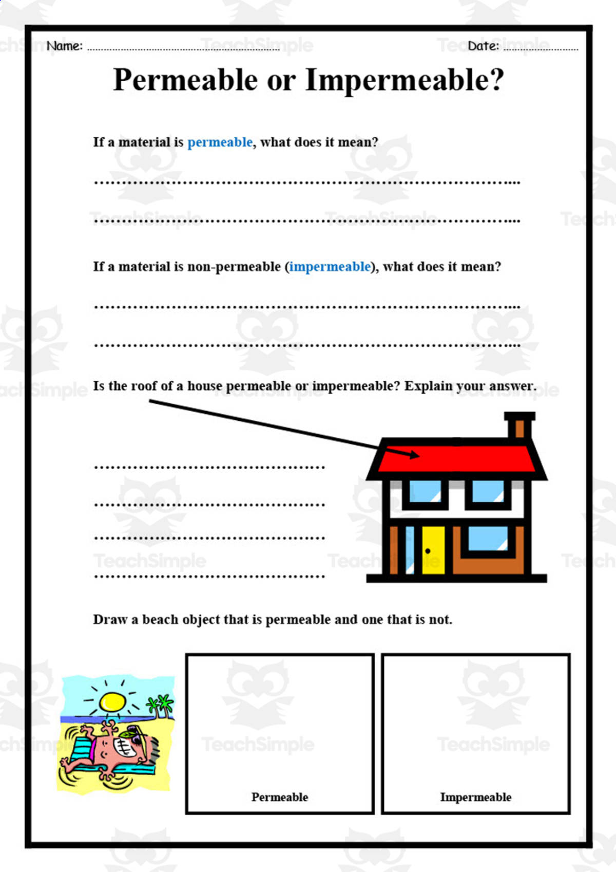 An educational teaching resource from Elementary Resources 4 U entitled Permeable or Impermeable Worksheet downloadable at Teach Simple.