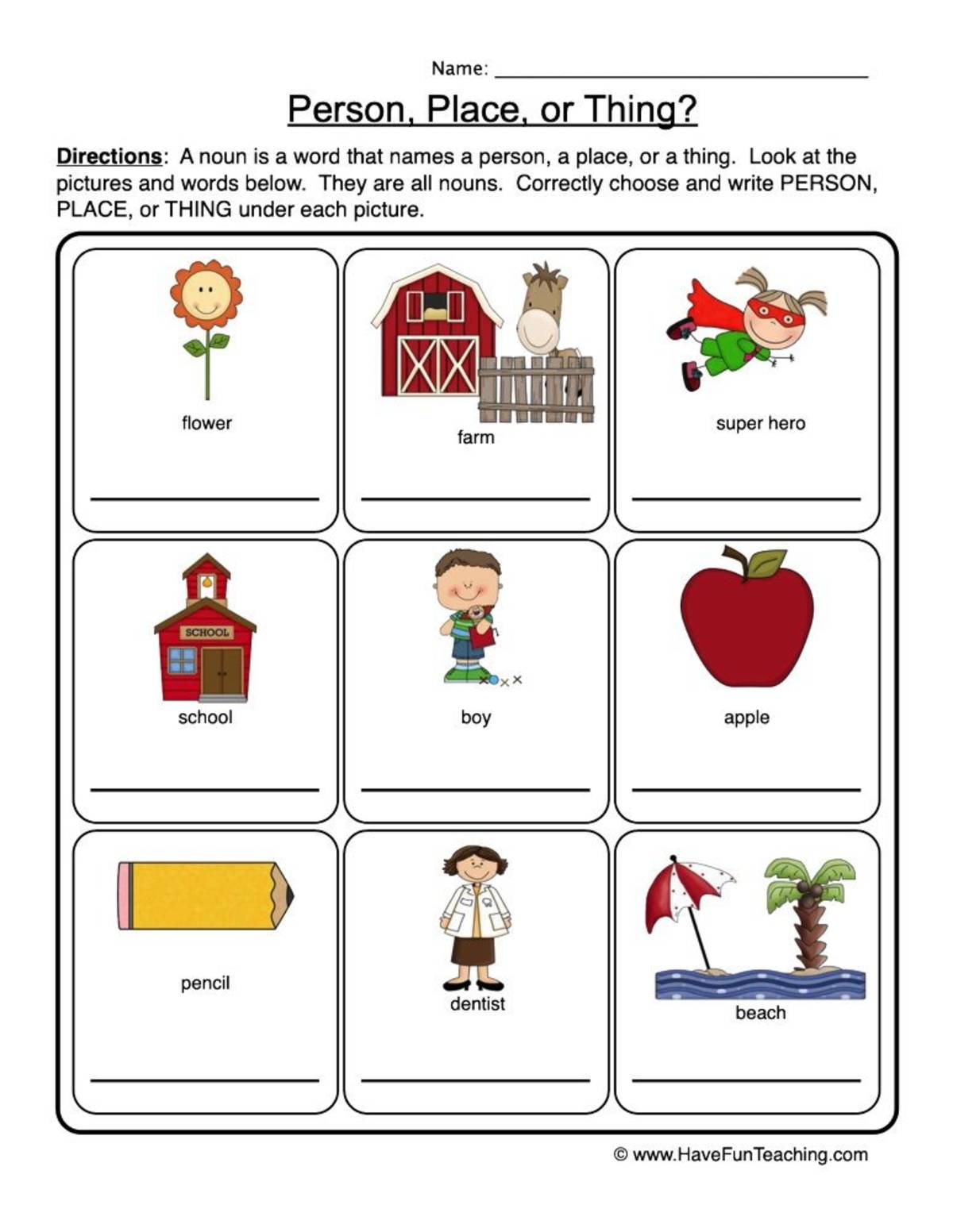 An educational teaching resource from Have Fun Teaching entitled Person Place or Thing Worksheet downloadable at Teach Simple.