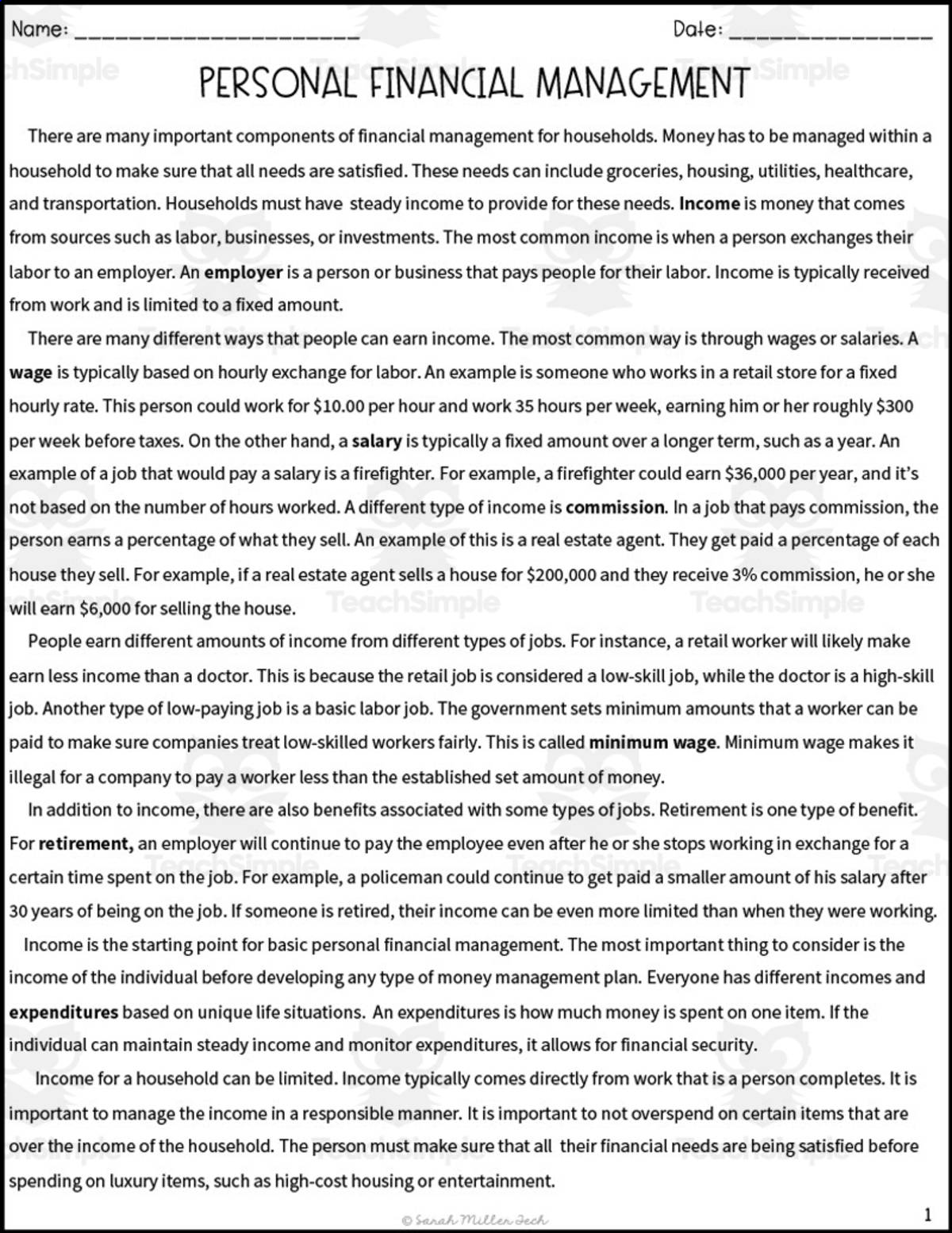 An educational teaching resource from Sarah Miller Tech entitled Personal Financial Management Reading Packet downloadable at Teach Simple.