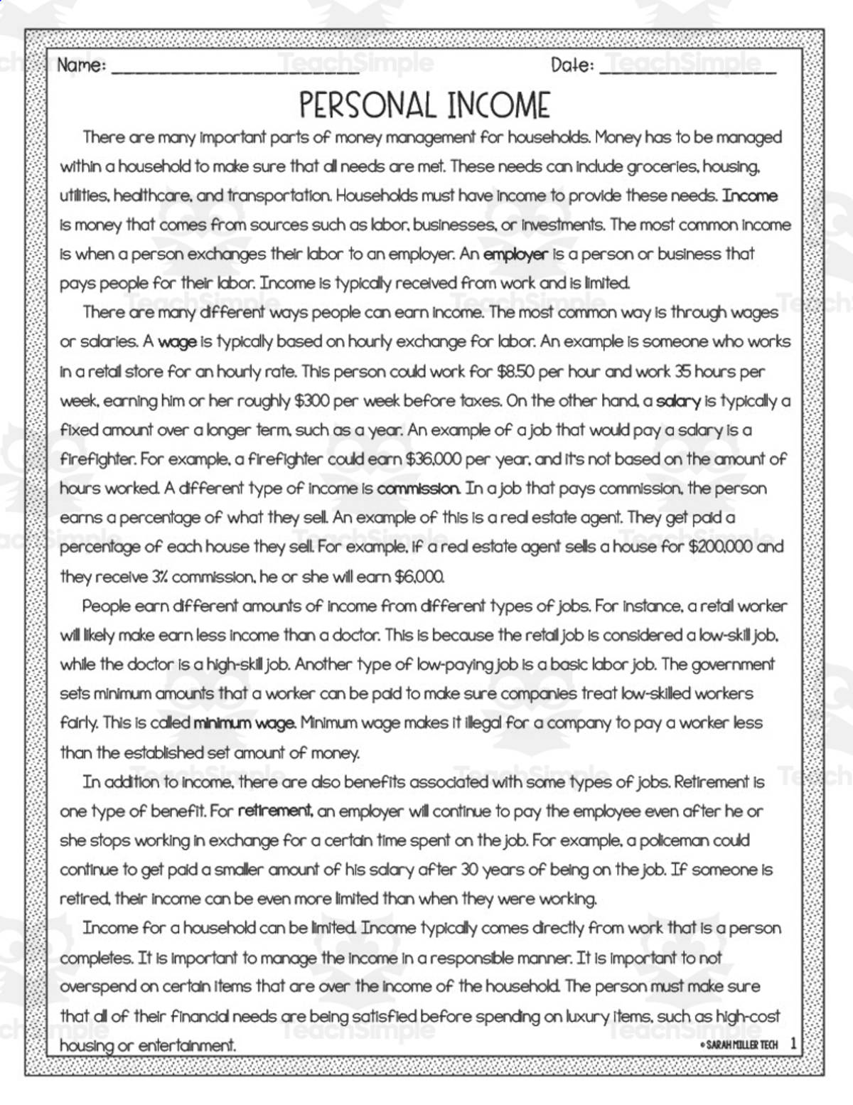 An educational teaching resource from Sarah Miller Tech entitled Personal Income Reading Packet downloadable at Teach Simple.